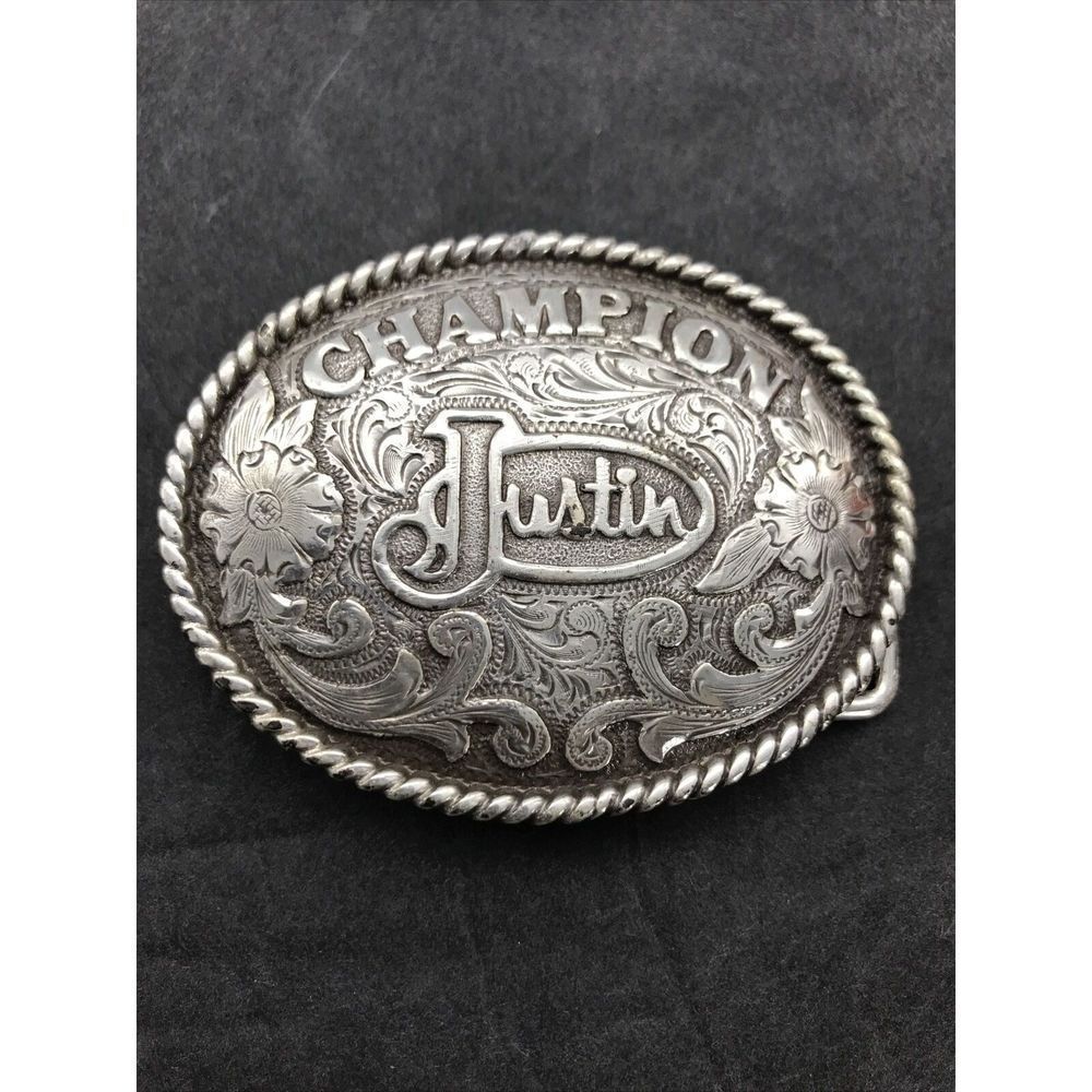 Vintage JUSTIN Champion Fancy Oval Silver Belt Buckle ~ 2.75" x 2.25" Cowboy